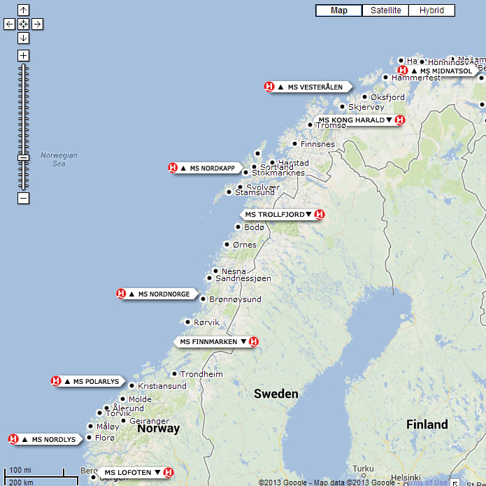 Mapa hurtigruten